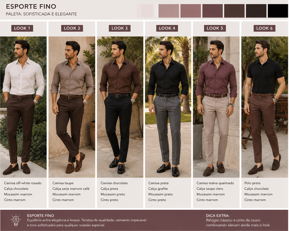 Seis sugestões de looks masculinos em esporte fino, com combinações de camisa, calça e sapato