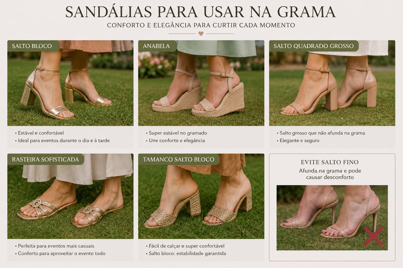 Guia de sandálias ideais para usar na grama: salto bloco, anabela, salto quadrado grosso, rasteira sofisticada e tamanco salto bloco; evite salto fino